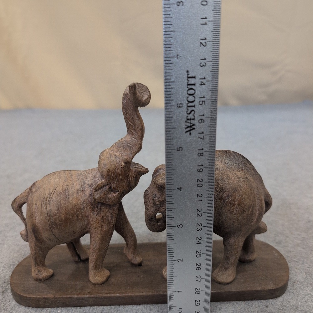 Hand Carved Wooden Elephant Figurine Pair on Base Brown Rustic Home Decor - Picture 4 of 5